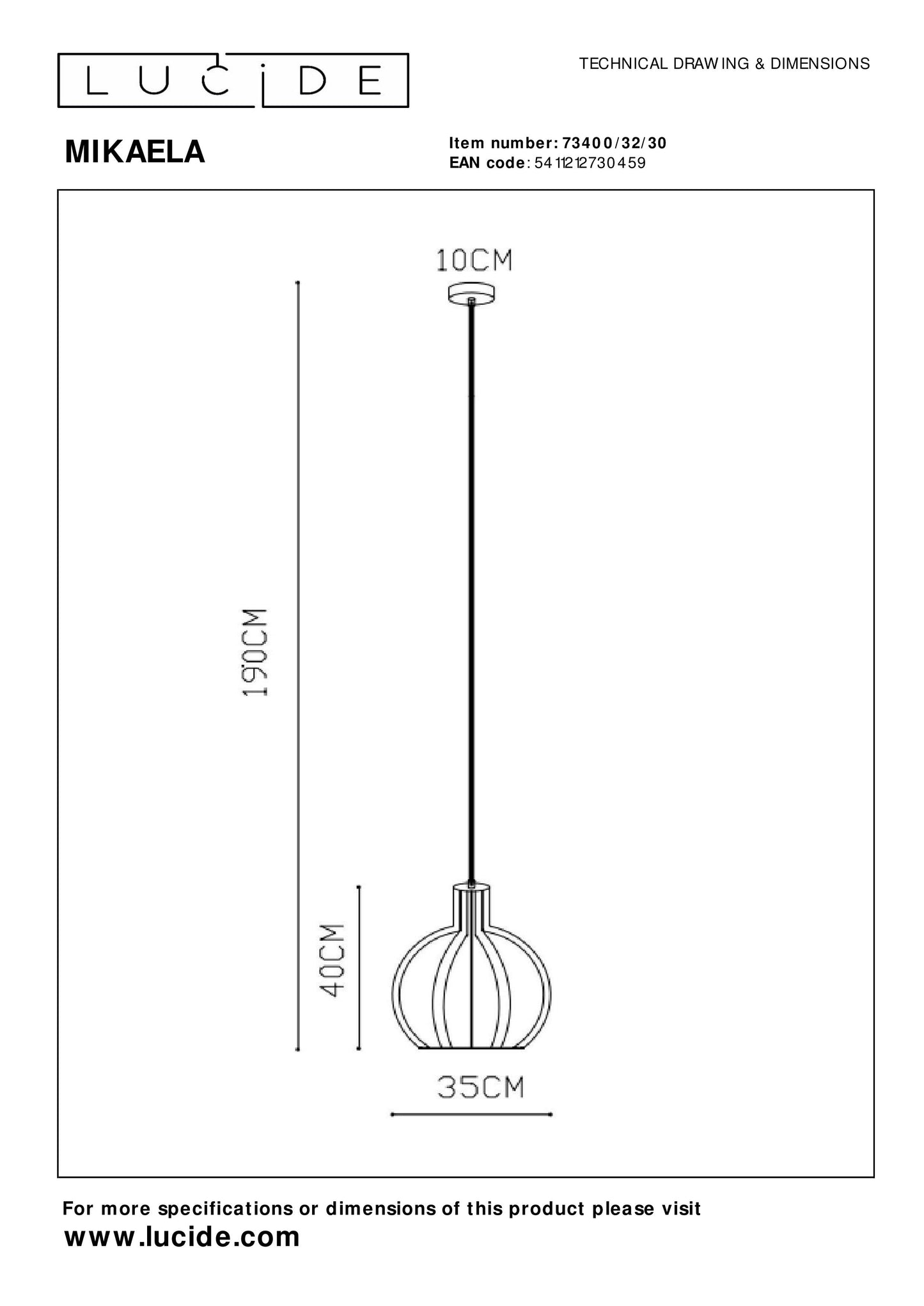 Lucide MIKAELA - Pendant light - Ø 35 cm - 1xE27 - Black