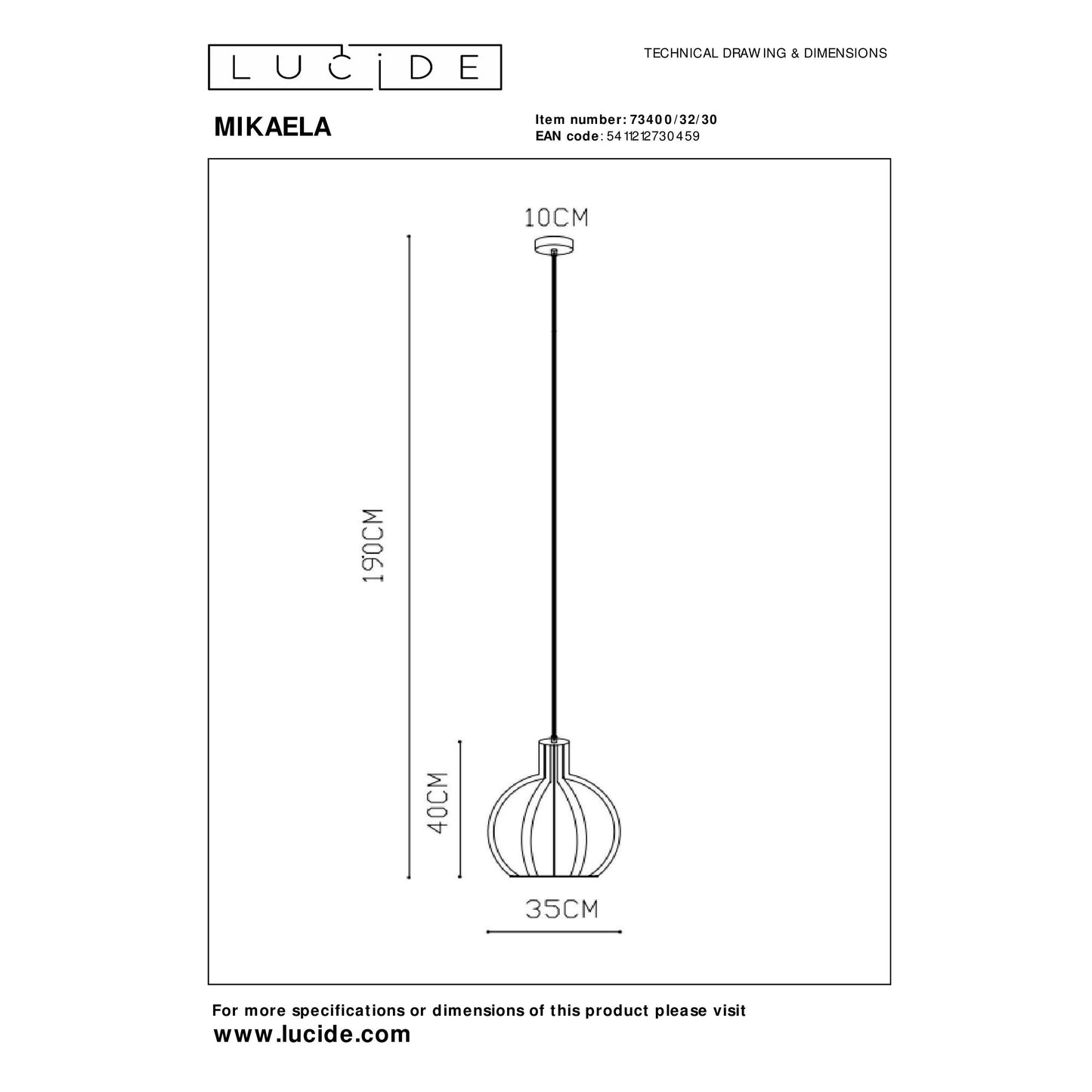 Lucide MIKAELA - Pendant light - Ø 35 cm - 1xE27 - Black