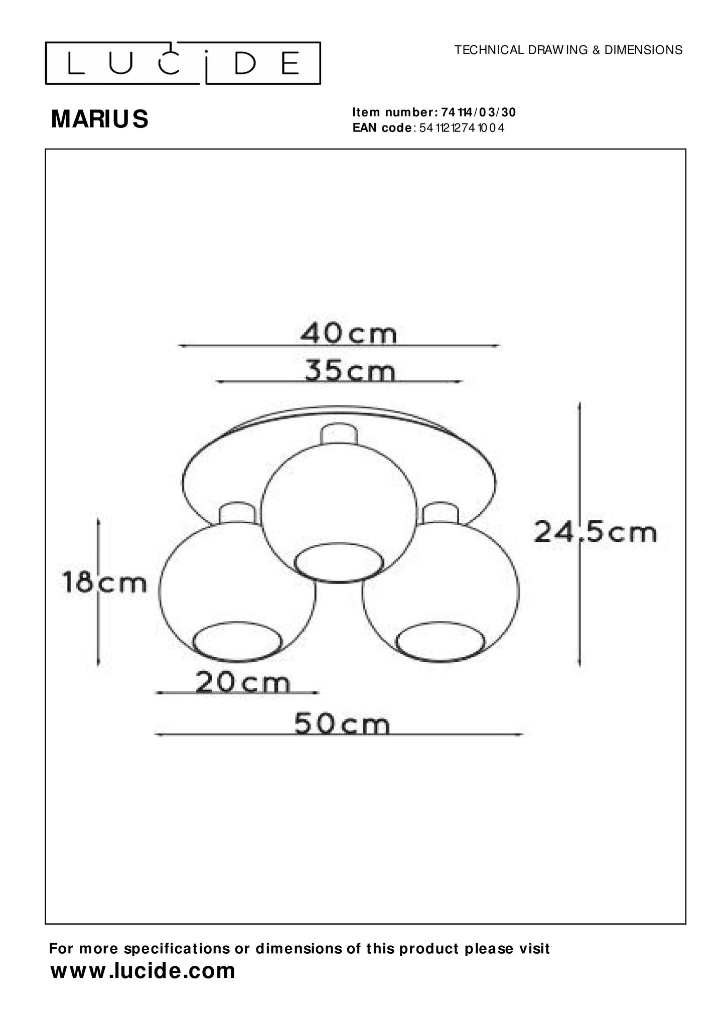 Lucide MARIUS - Flush ceiling light - 3xE27 - Black