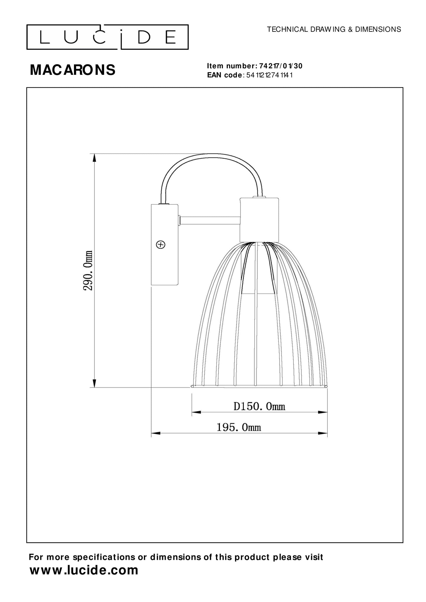 Lucide MACARONS - Wall light - 1xE27 - Black