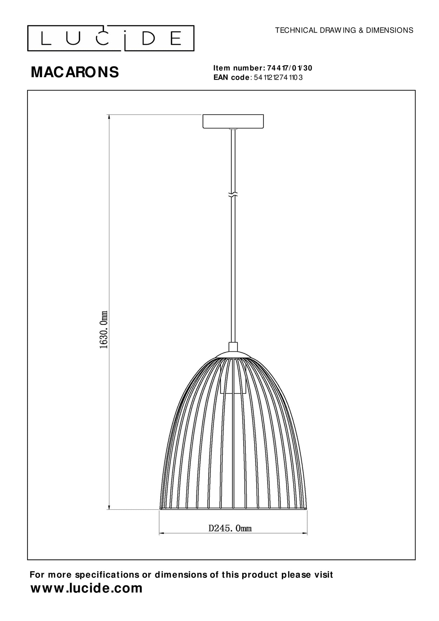 Lucide MACARONS - Pendant light - Ø 24,5 cm - 1xE27 - Black