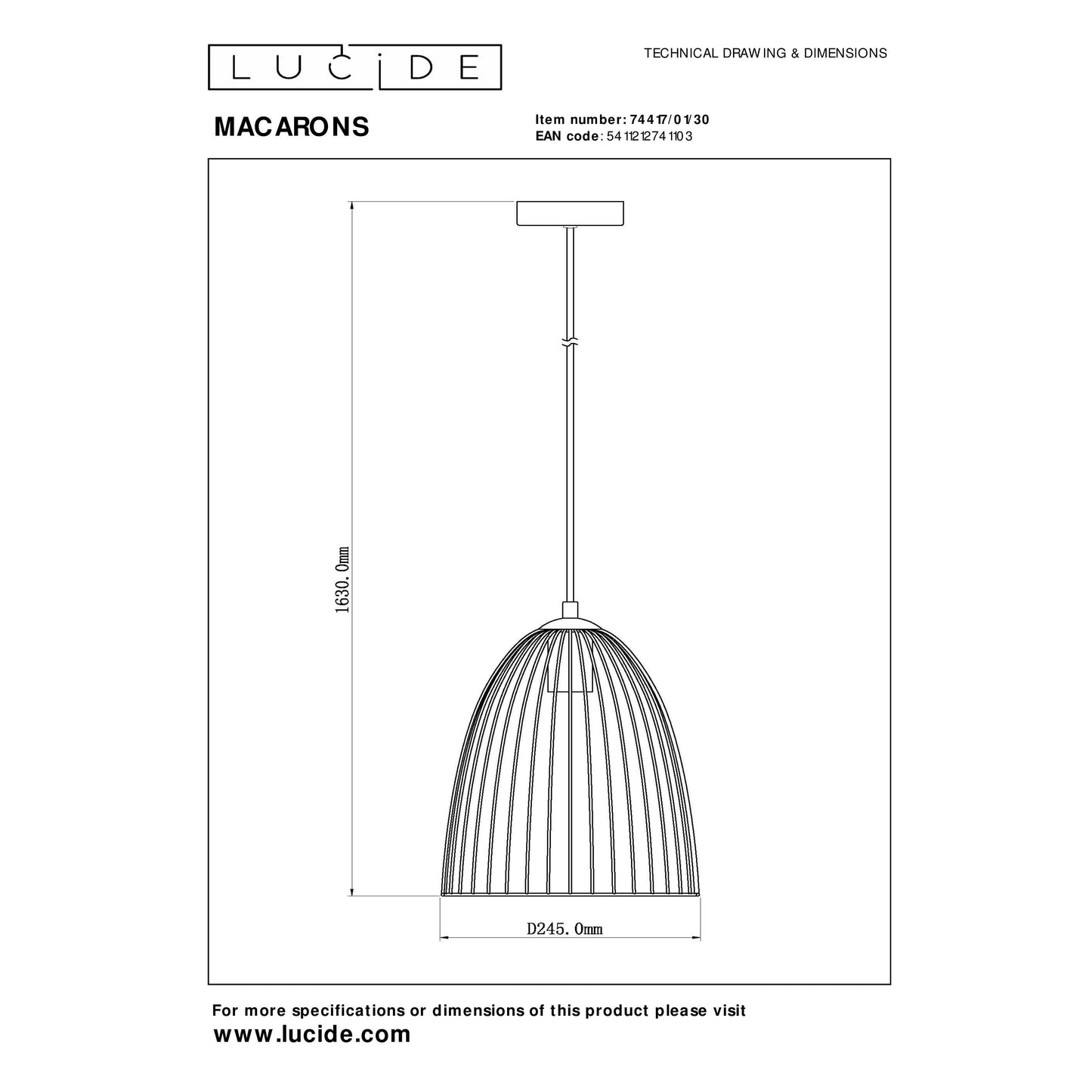 Lucide MACARONS - Pendant light - Ø 24,5 cm - 1xE27 - Black