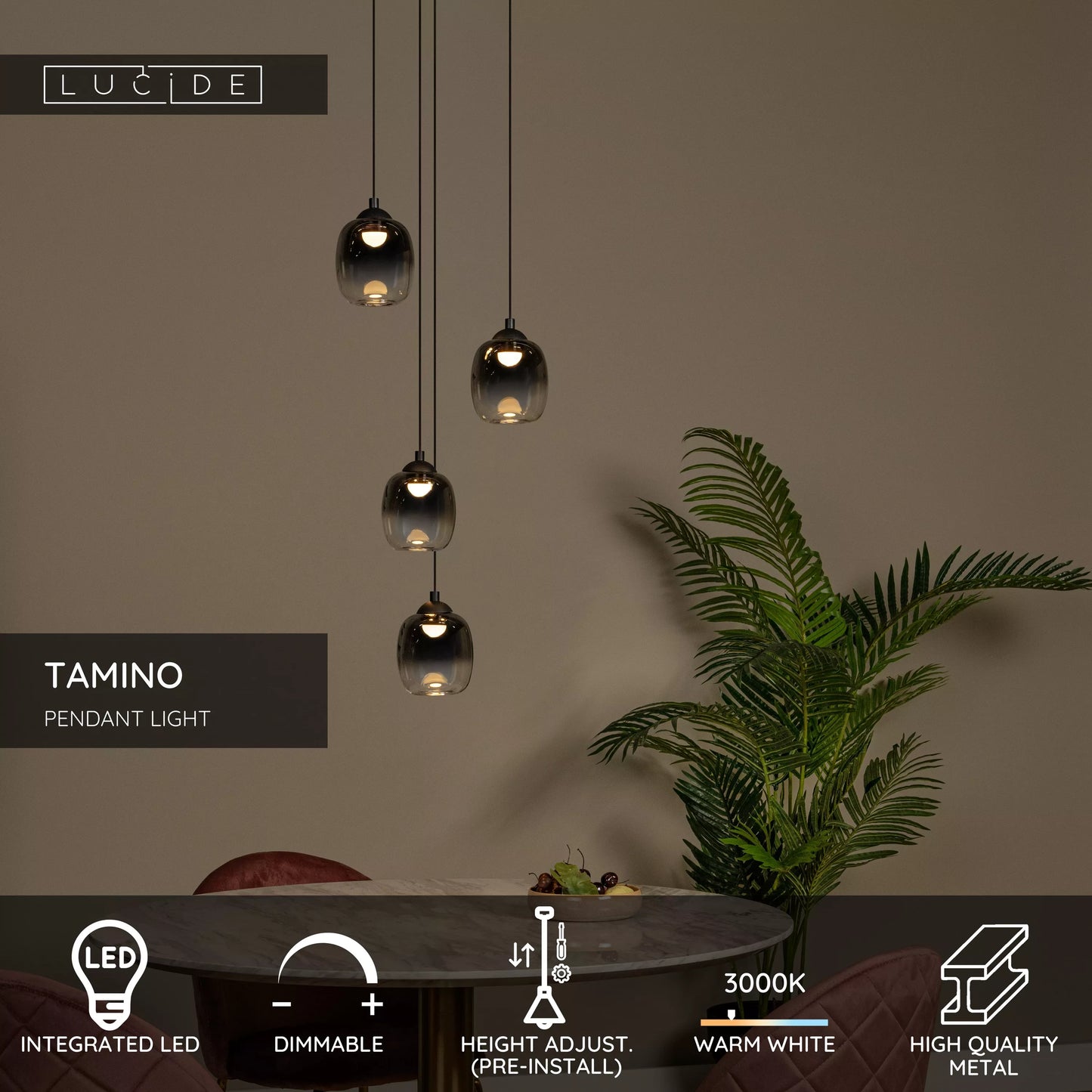Lucide TAMINO - Pendant light - Ø 36 cm - LED Dim. - 4x5,2W 3000K - Black