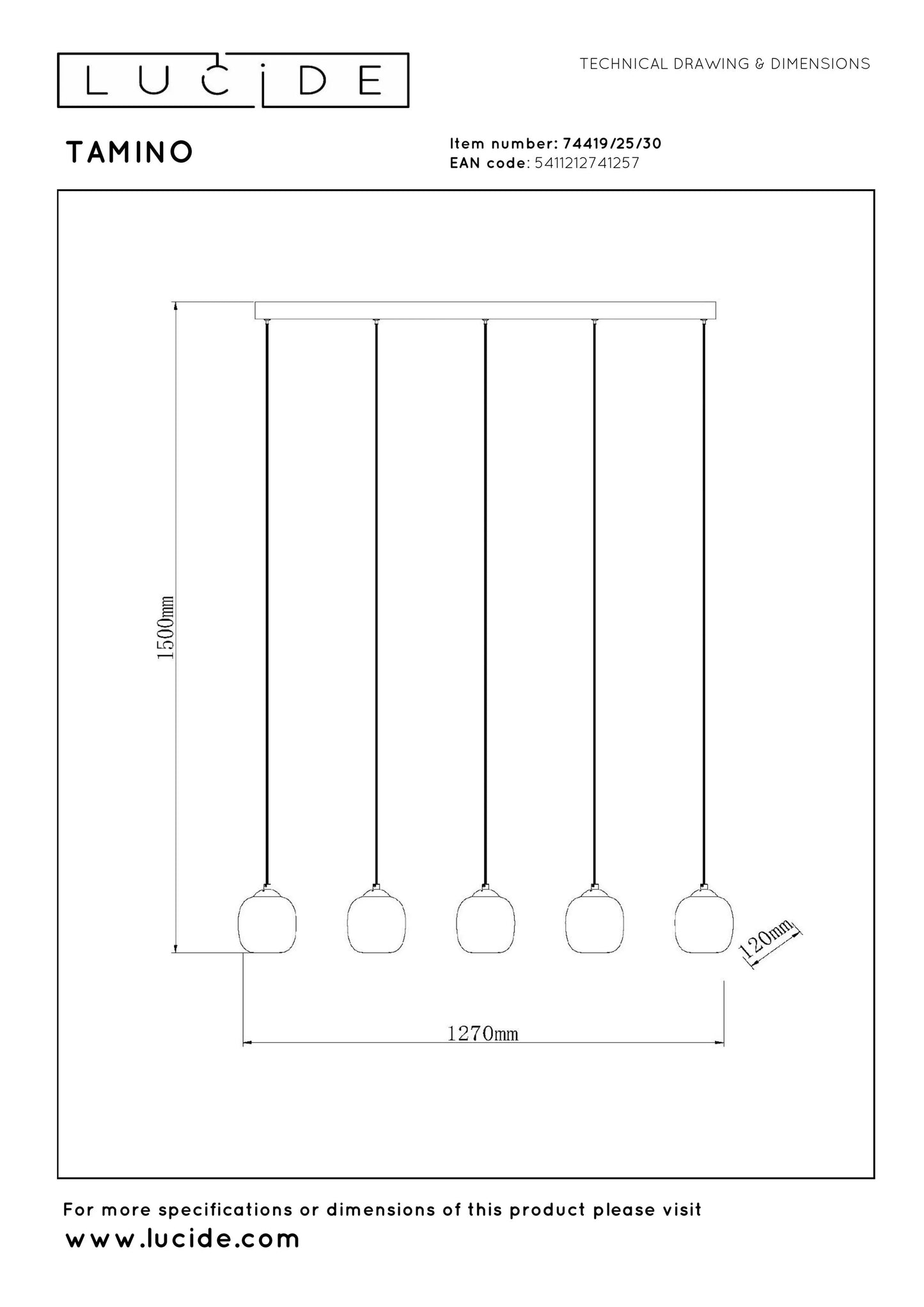Lucide TAMINO - Pendant light - LED Dim. - 5x5,6W 3000K - Black