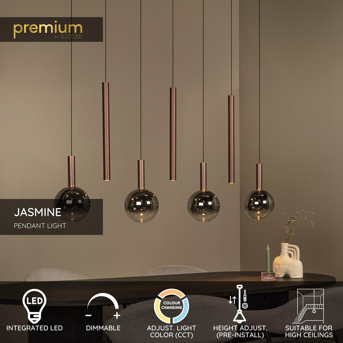 Lucide JASMINE - Pendant light - LED Dim. - CCT - 7x4W 2200K/3300K - Suitable for double-height spaces and high ceiling - Copper | Premium