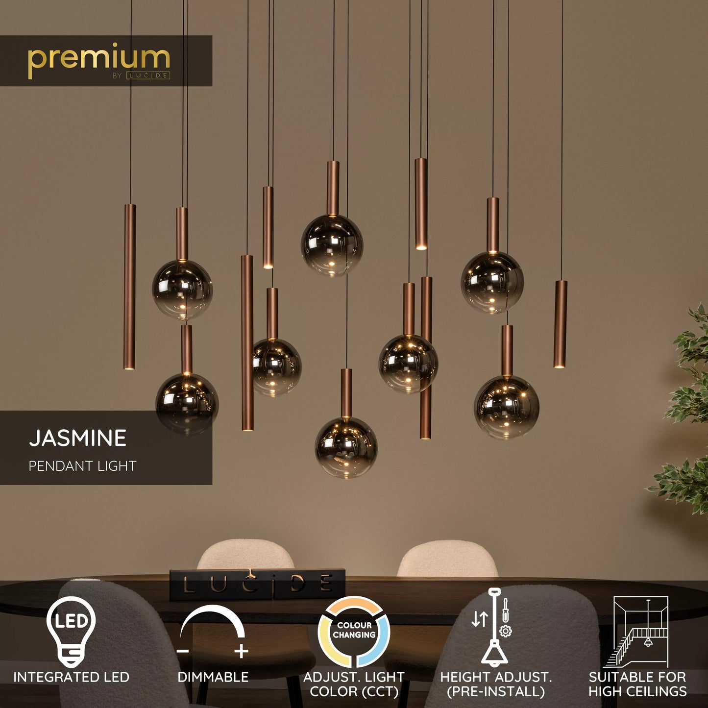 Lucide JASMINE - Pendant light - LED Dim. - CCT - 14x4,4W 2200K/3300K - Suitable for double-height spaces and high ceiling - Copper | Premium