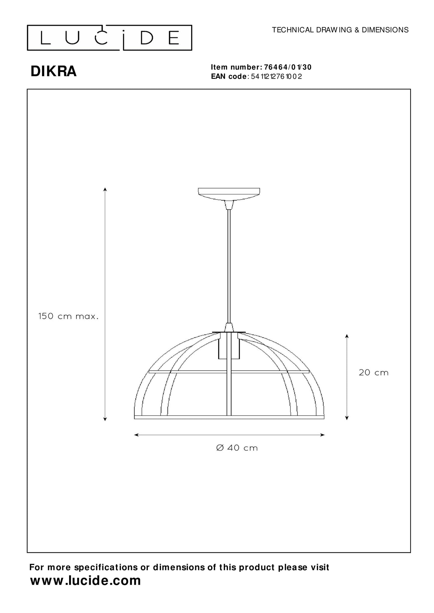 Lucide DIKRA - Pendant light - Ø 40 cm - 1xE27 - Black