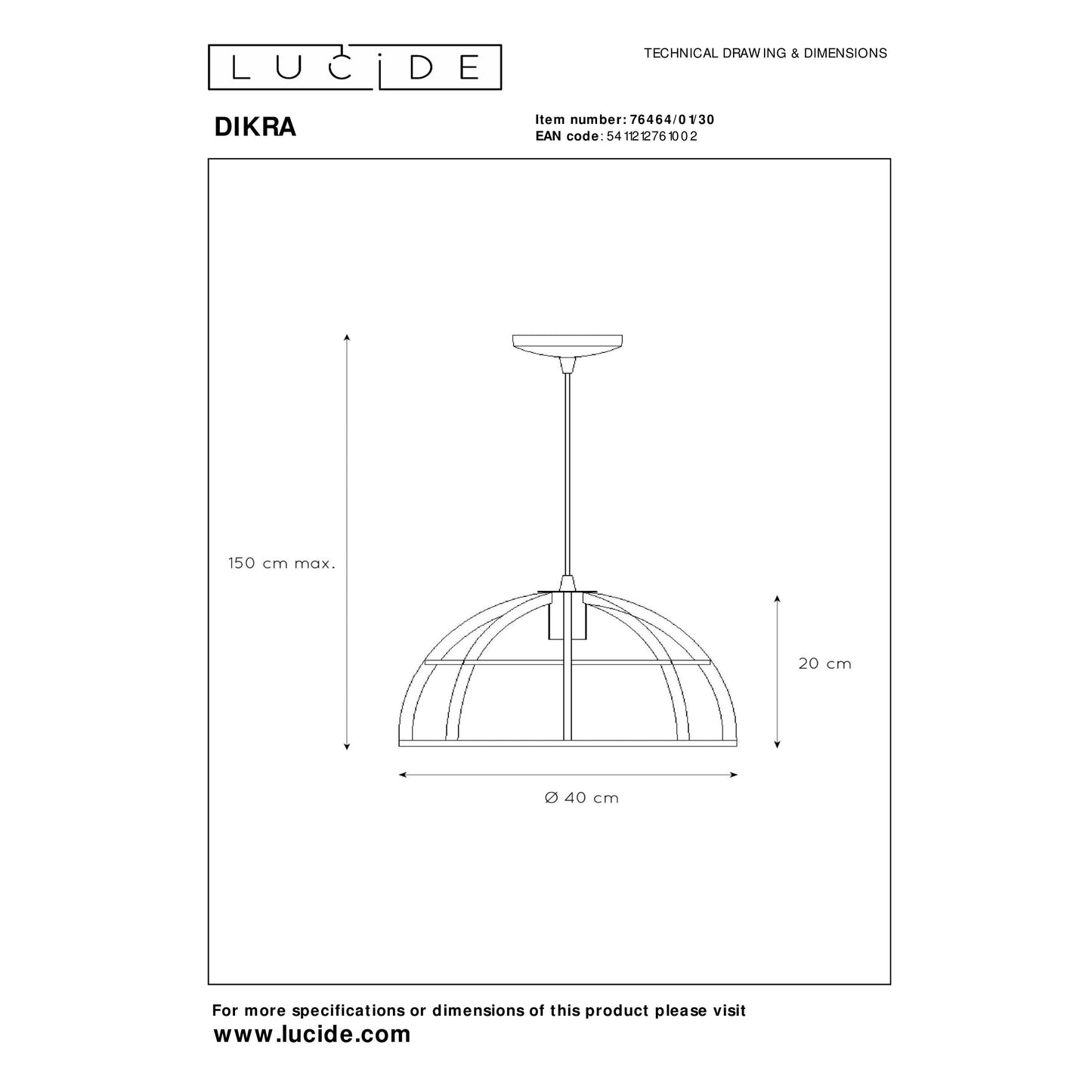 Lucide DIKRA - Pendant light - Ø 40 cm - 1xE27 - Black