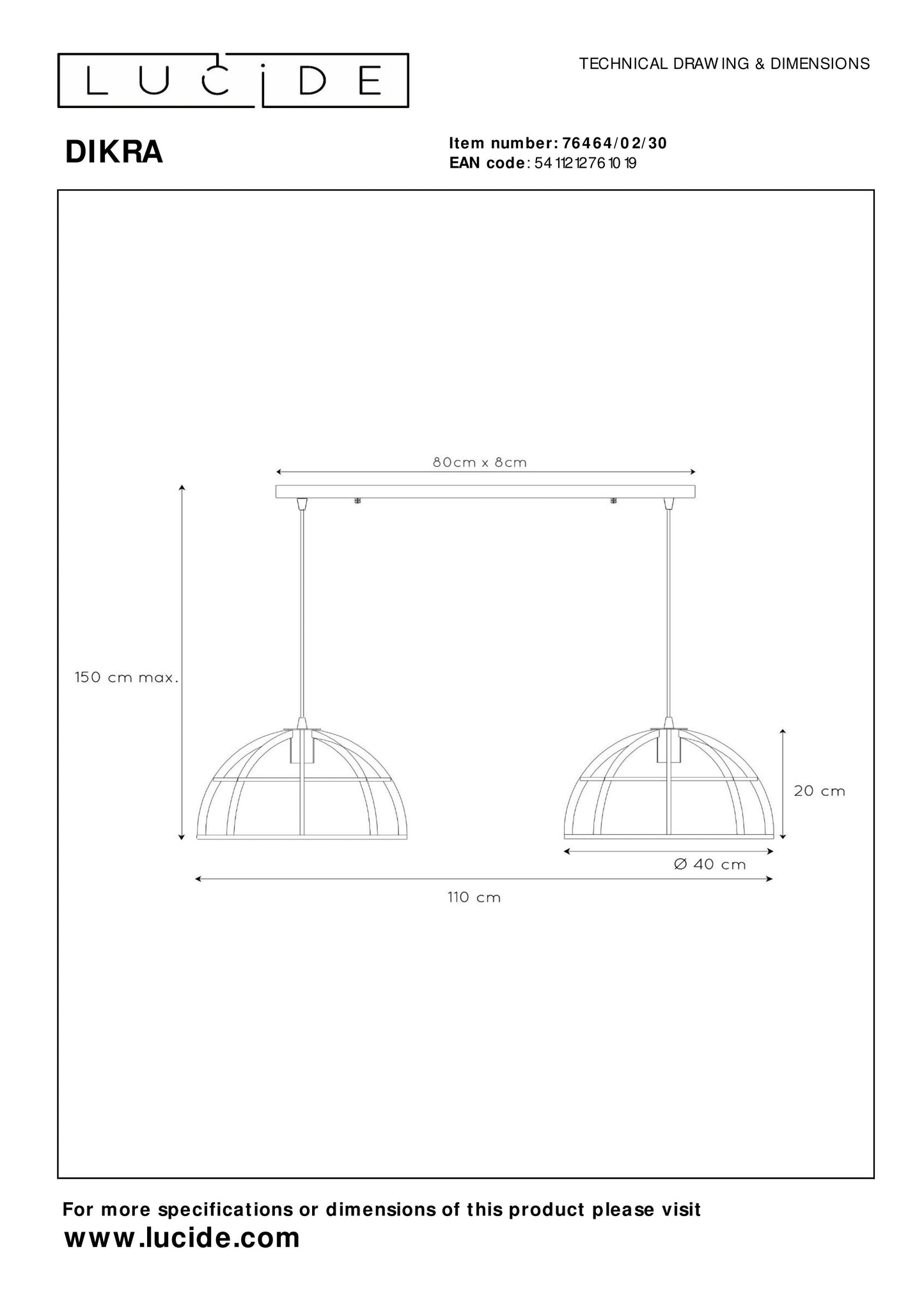 Lucide DIKRA - Pendant light - 2xE27 - Black