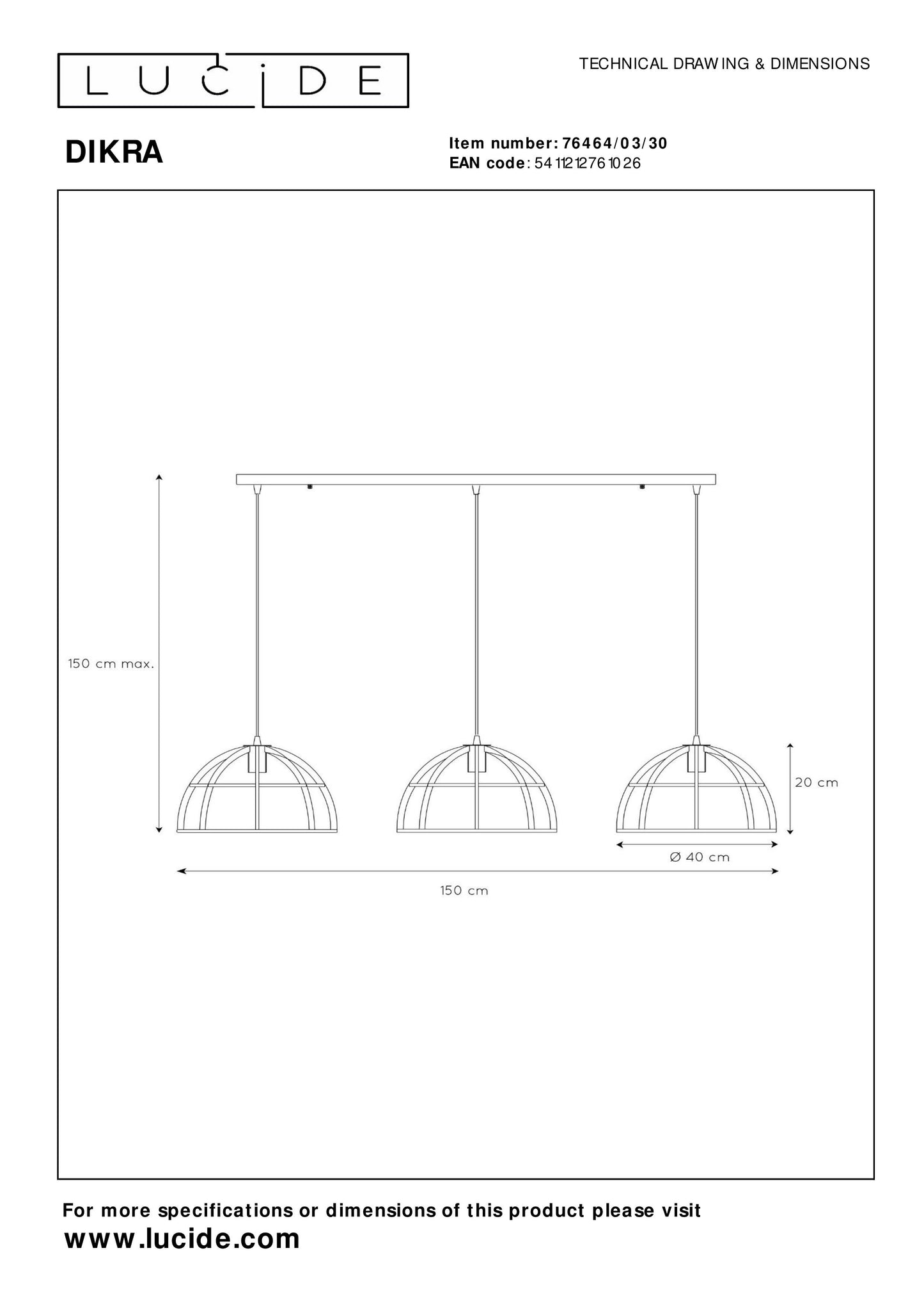 Lucide DIKRA - Pendant light - Ø 40 cm - 3xE27 - Black