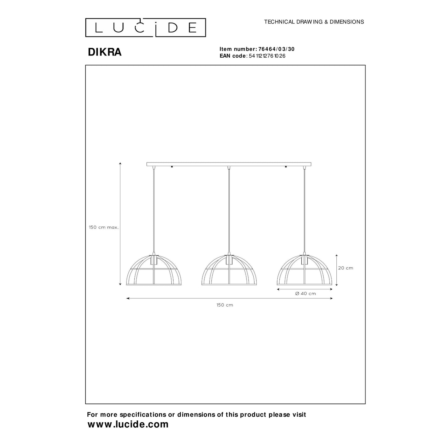 Lucide DIKRA - Pendant light - Ø 40 cm - 3xE27 - Black