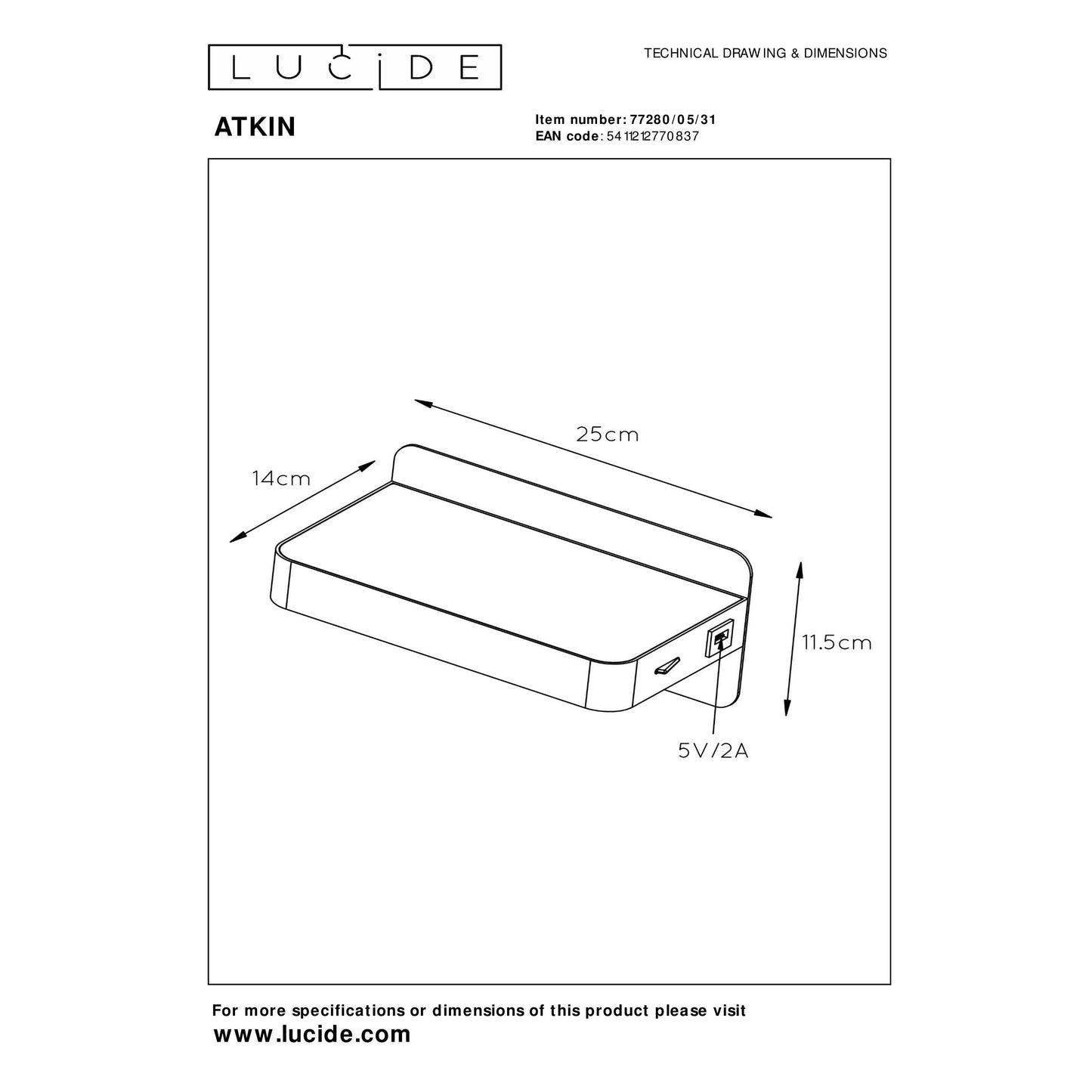 Lucide ATKIN - Bedside lamp / Wall light - LED - 1x6W 3000K - With USB charging point - White