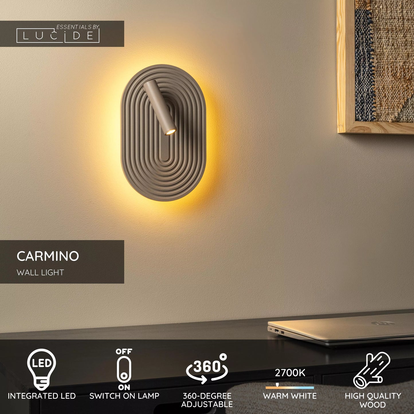 Lucide CARMINO - Wall light - LED - 2700K - Taupe | Essential