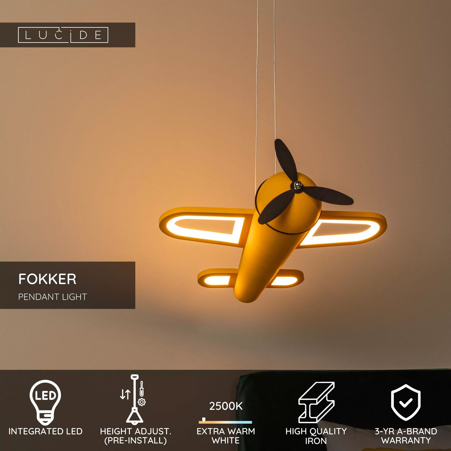 Lucide FOKKER - Pendant light Children - LED - 1x28W 2500K - Yellow