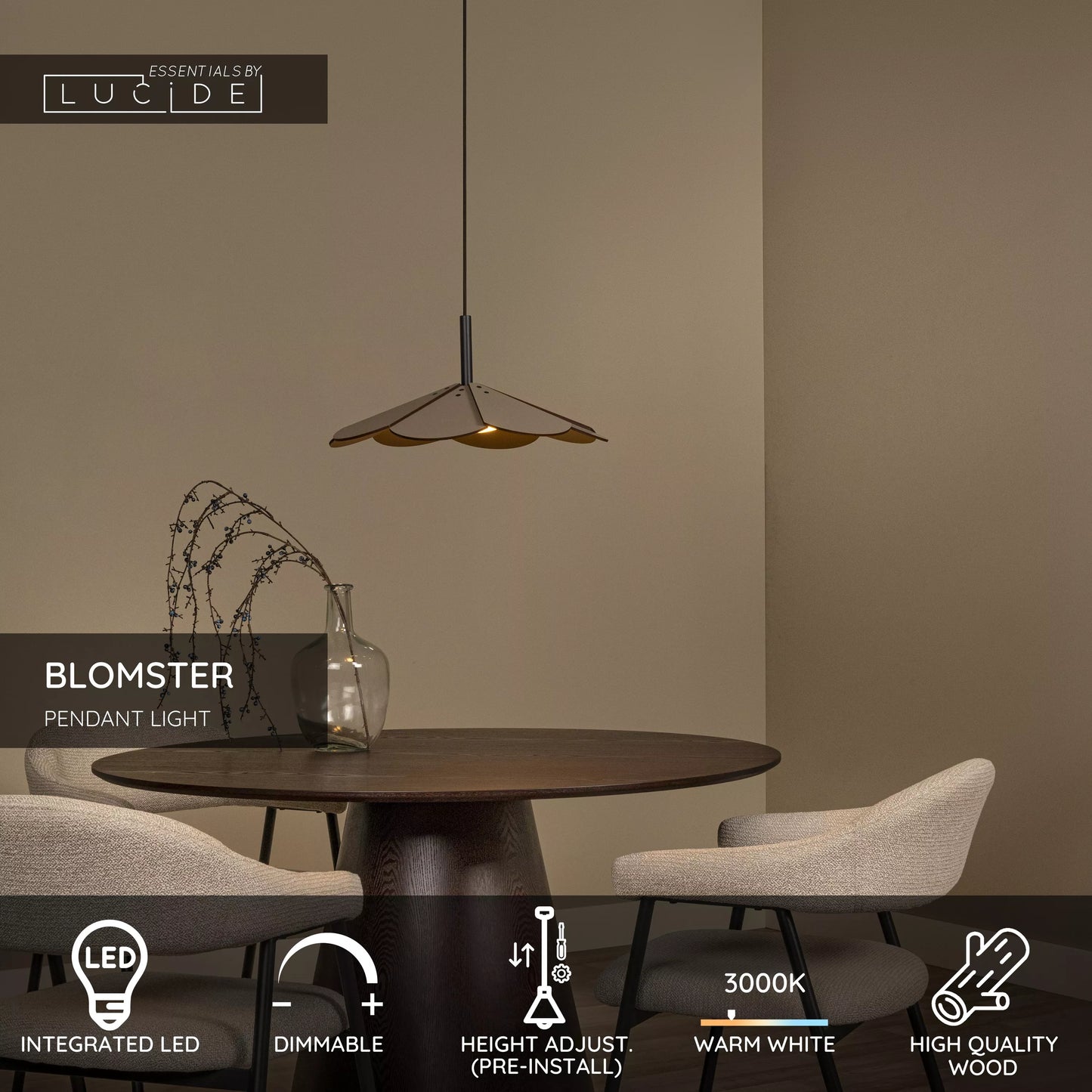 Lucide BLOMSTER - Pendant light - Ø 47 cm - LED Dim. - 1x9W 2700K - Taupe | Essential