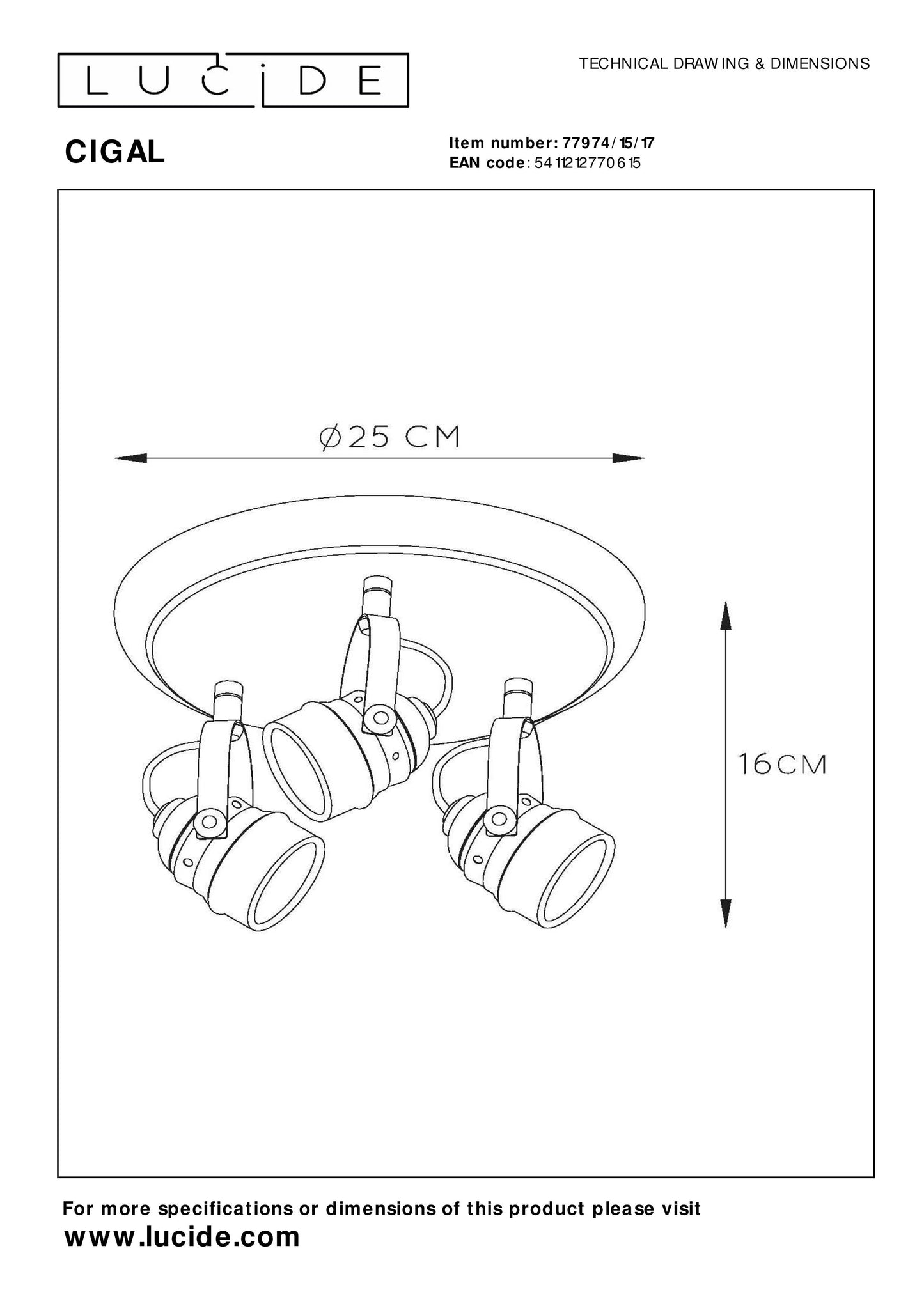 Lucide CIGAL - Ceiling spotlight - LED - GU10 - 3x5W 2700K - Copper