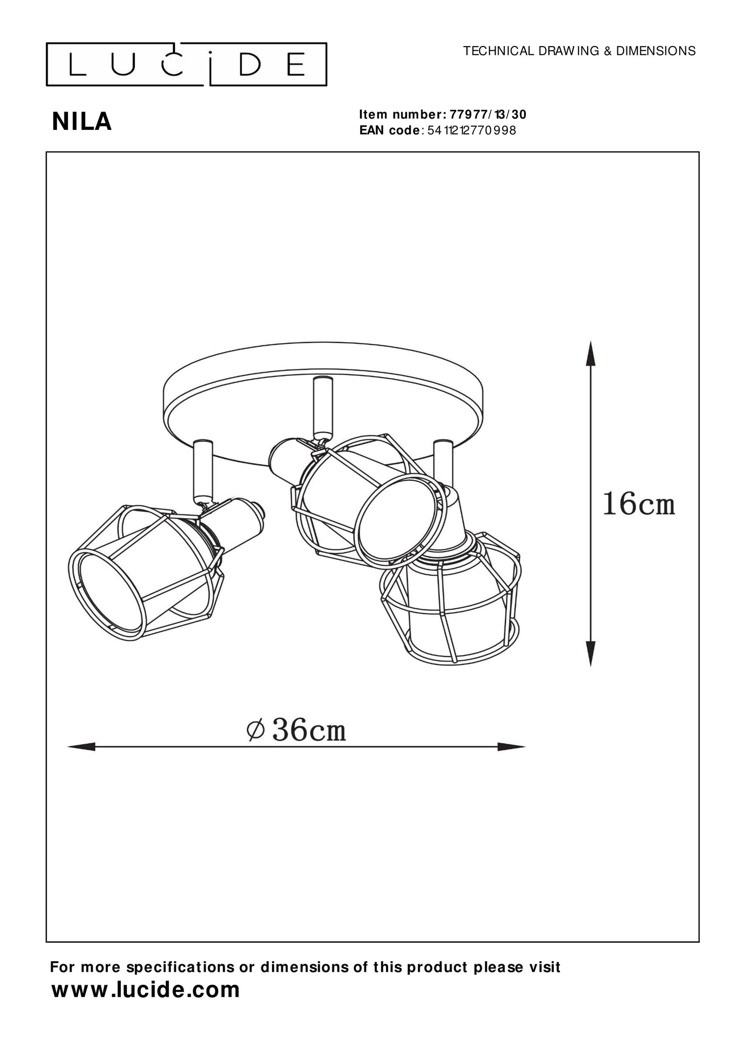 Lucide NILA - Ceiling spotlight - Ø 36 cm - 3xE14 - Black