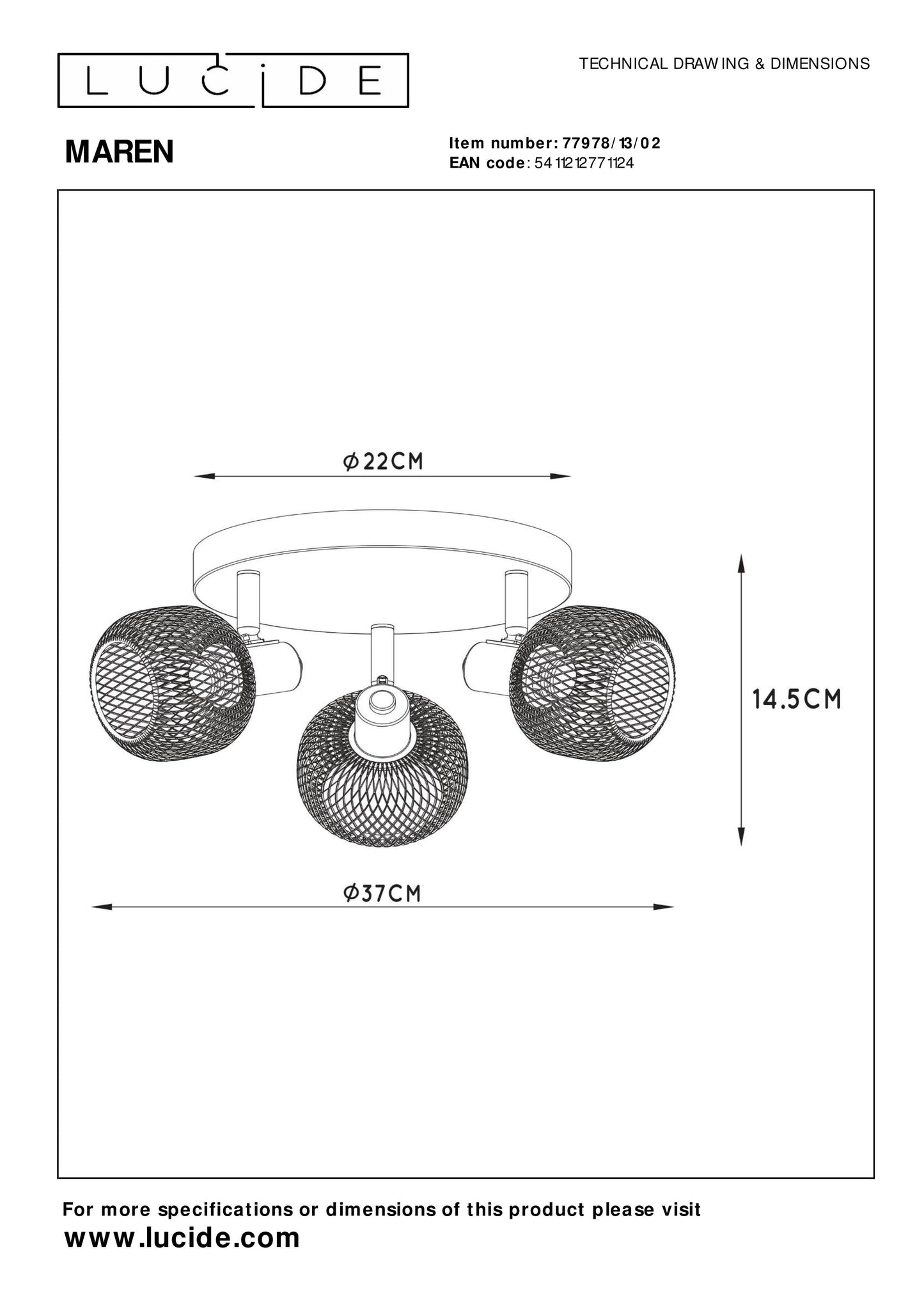 Lucide MAREN - Ceiling spotlight - Ø 37 cm - 3xE14 - Matt Gold / Brass