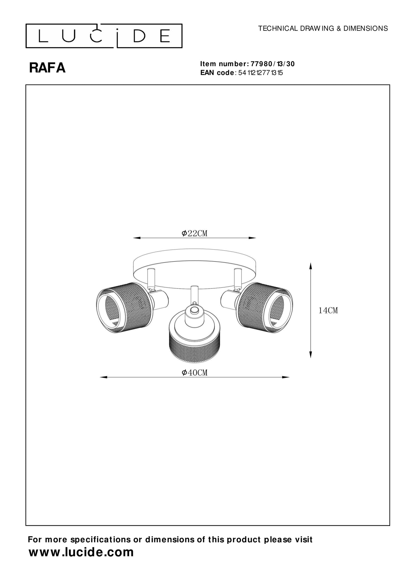 Lucide RAFA - Ceiling spotlight - Ø 35 cm - 3xE14 - Black