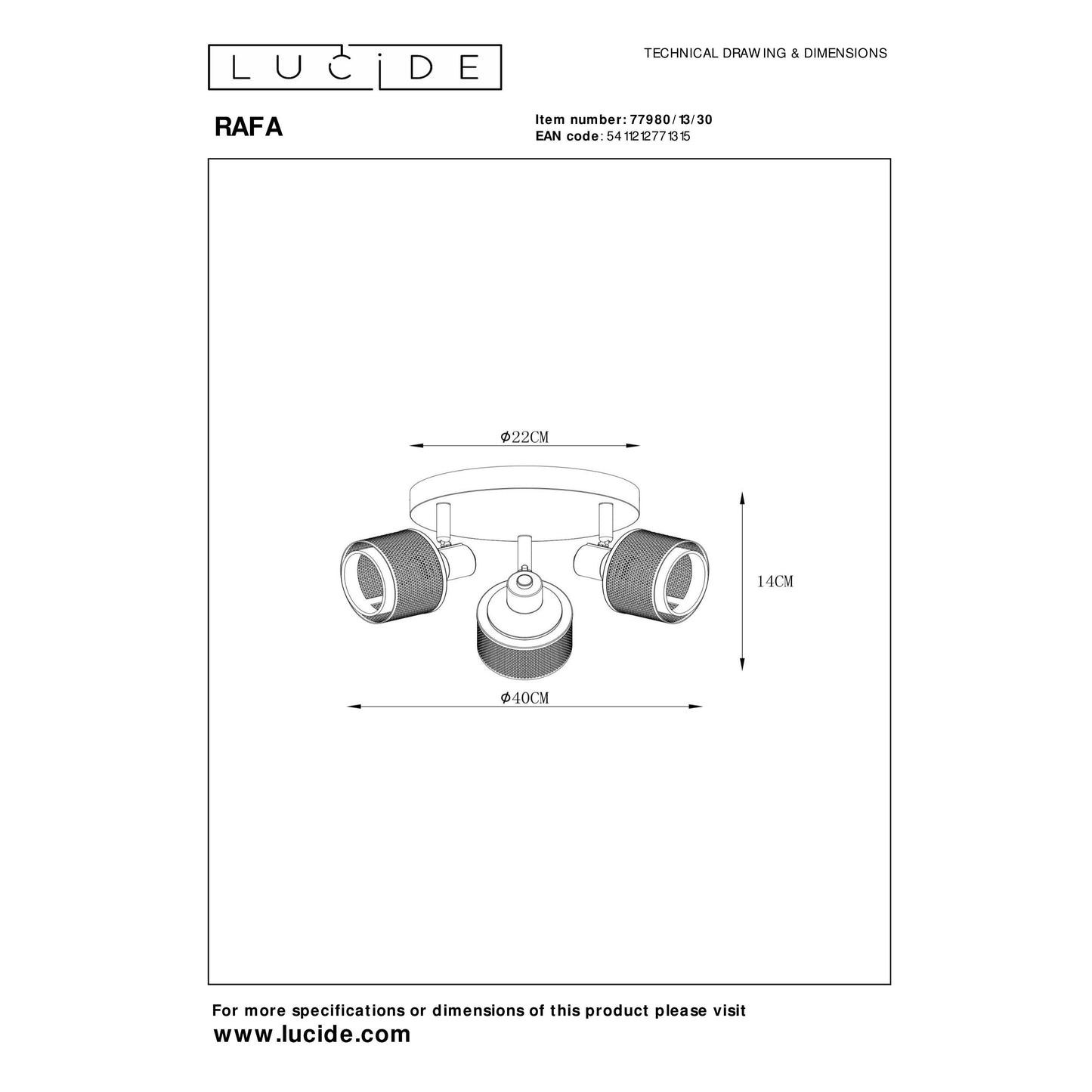 Lucide RAFA - Ceiling spotlight - Ø 35 cm - 3xE14 - Black