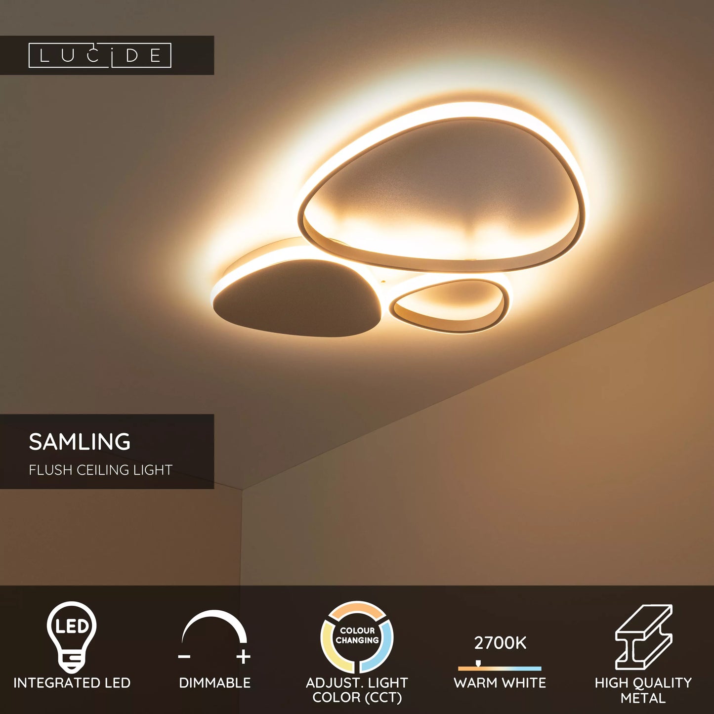 Lucide SAMLING - Flush ceiling light - LED Dim. - CCT - 1x30W 2700K/4000K - Taupe