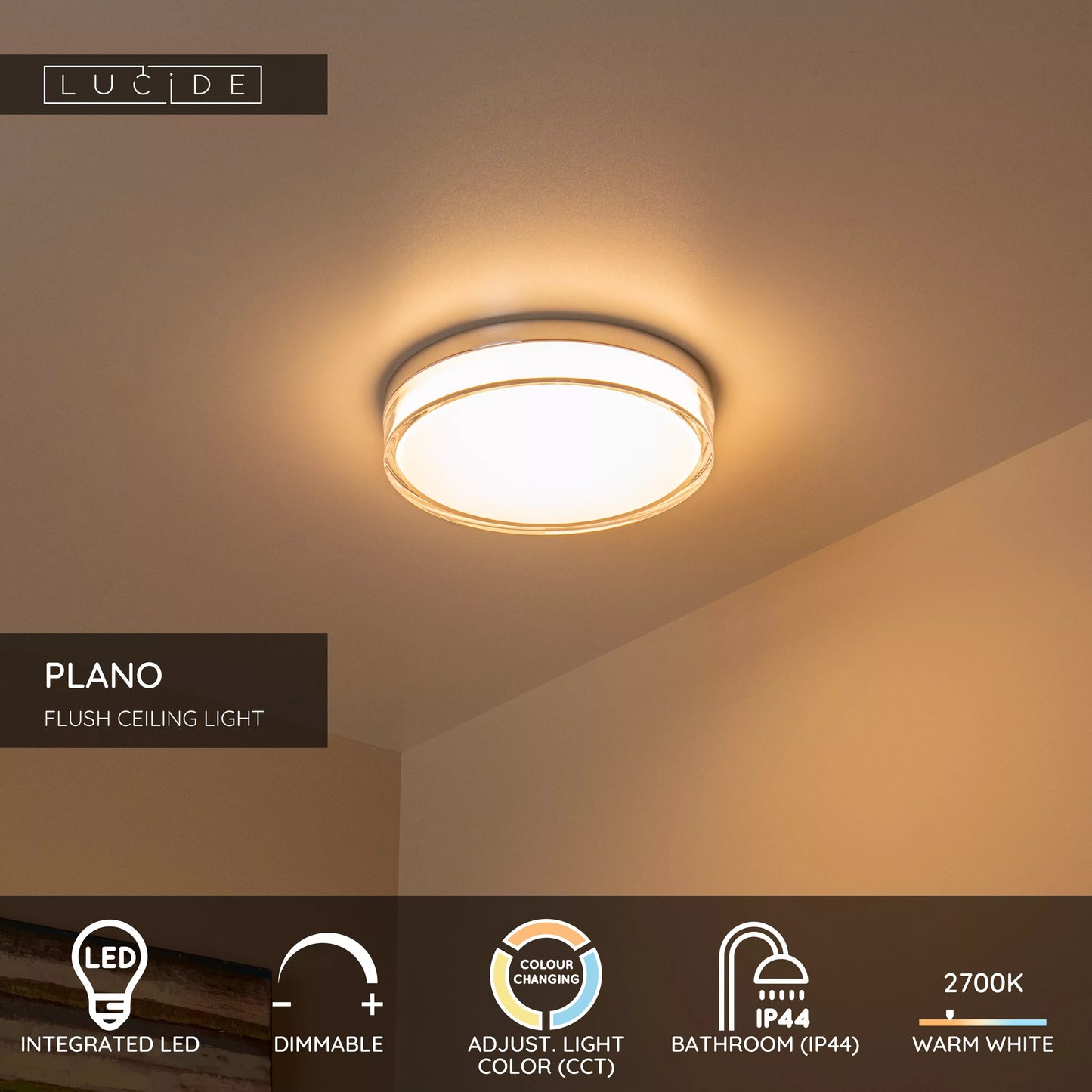 Lucide PLANO - Flush ceiling light Bathroom - Ø 28 cm - LED Dim. - CCT - 1x16W 2700K/4000K - IP44 - Opal