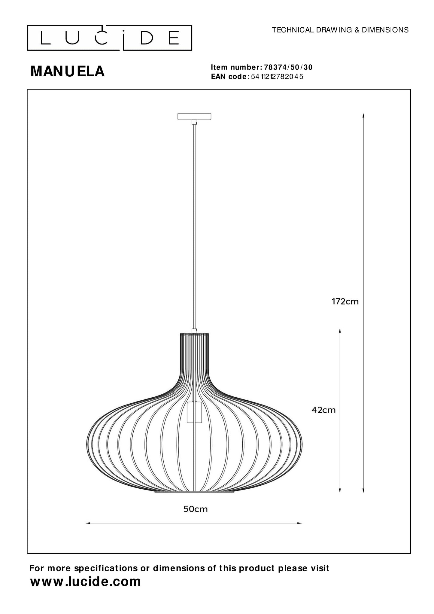 Lucide MANUELA - Pendant light - Ø 50 cm - 1xE27 - Black