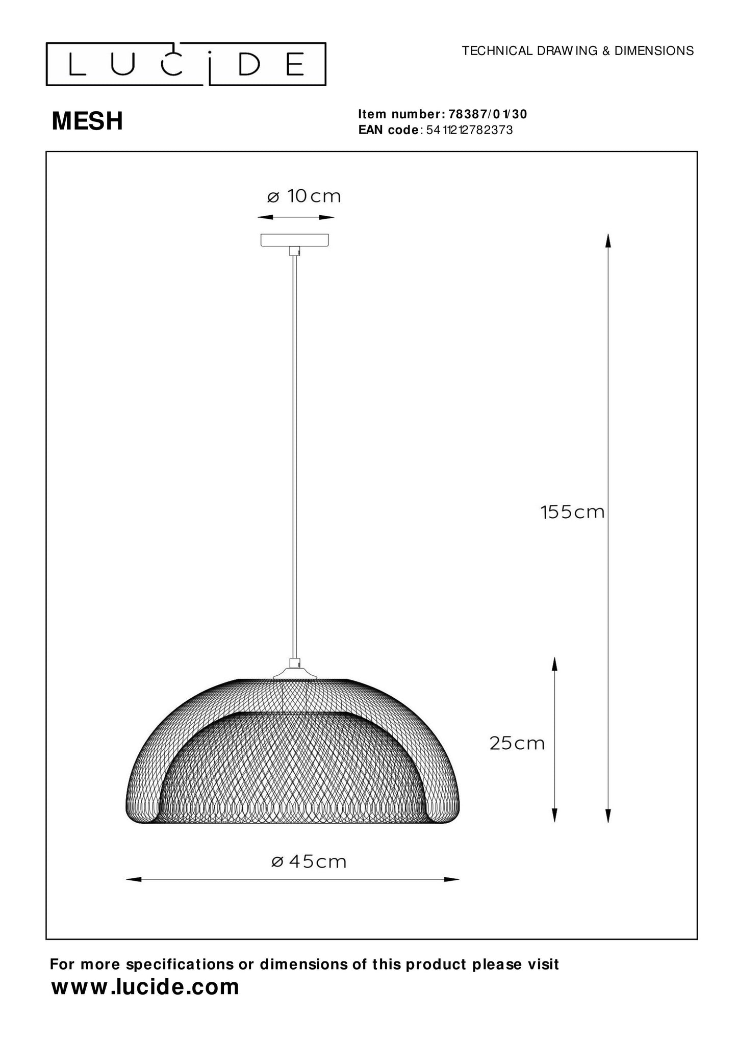 Lucide MESH - Pendant light - Ø 45 cm - 1xE27 - Black