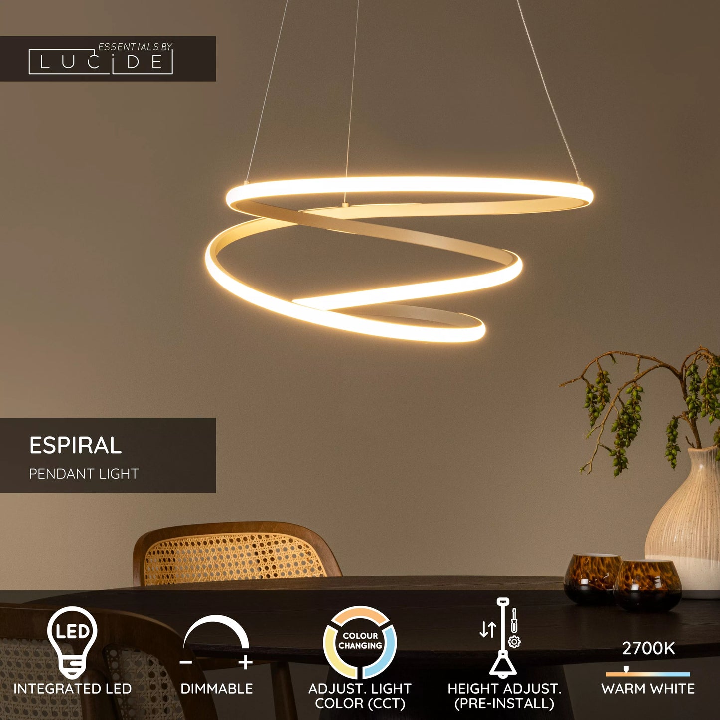 Lucide ESPIRAL - Pendant light - LED Dim. - CCT - 1x40W 2700K/4000K - Taupe | Essential