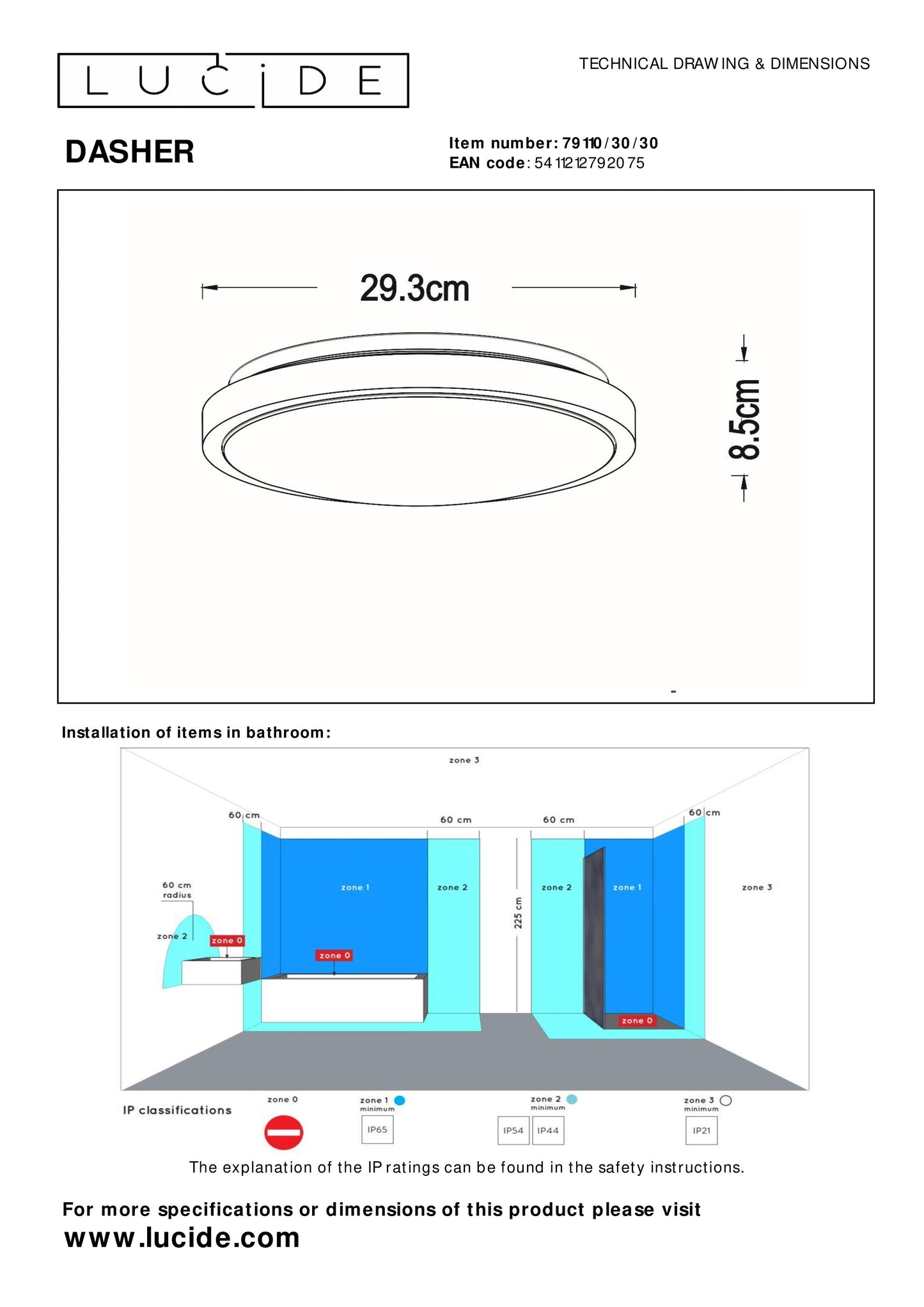 Lucide DASHER - Flush ceiling light Bathroom - Ø 29,3 cm - LED - 1x12W 2700K - IP44 - Motion & Day/Night Sensor - Black