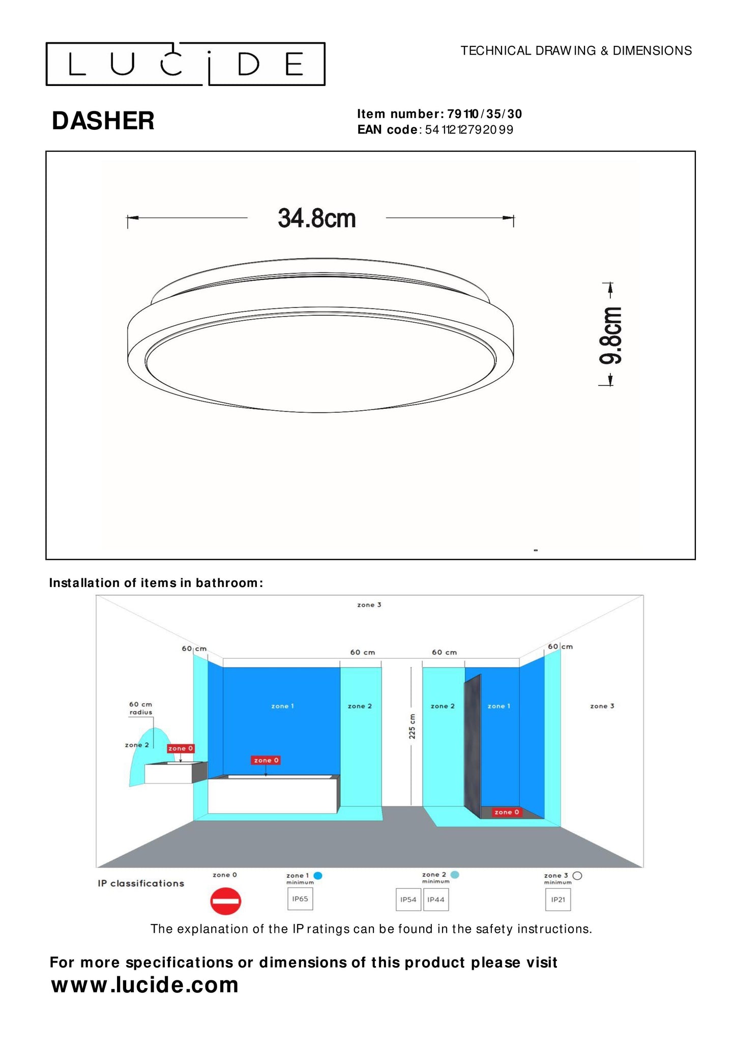 Lucide DASHER - Flush ceiling light Bathroom - Ø 34,8 cm - LED - 1x18W 2700K - IP44 - Motion & Day/Night Sensor - Black