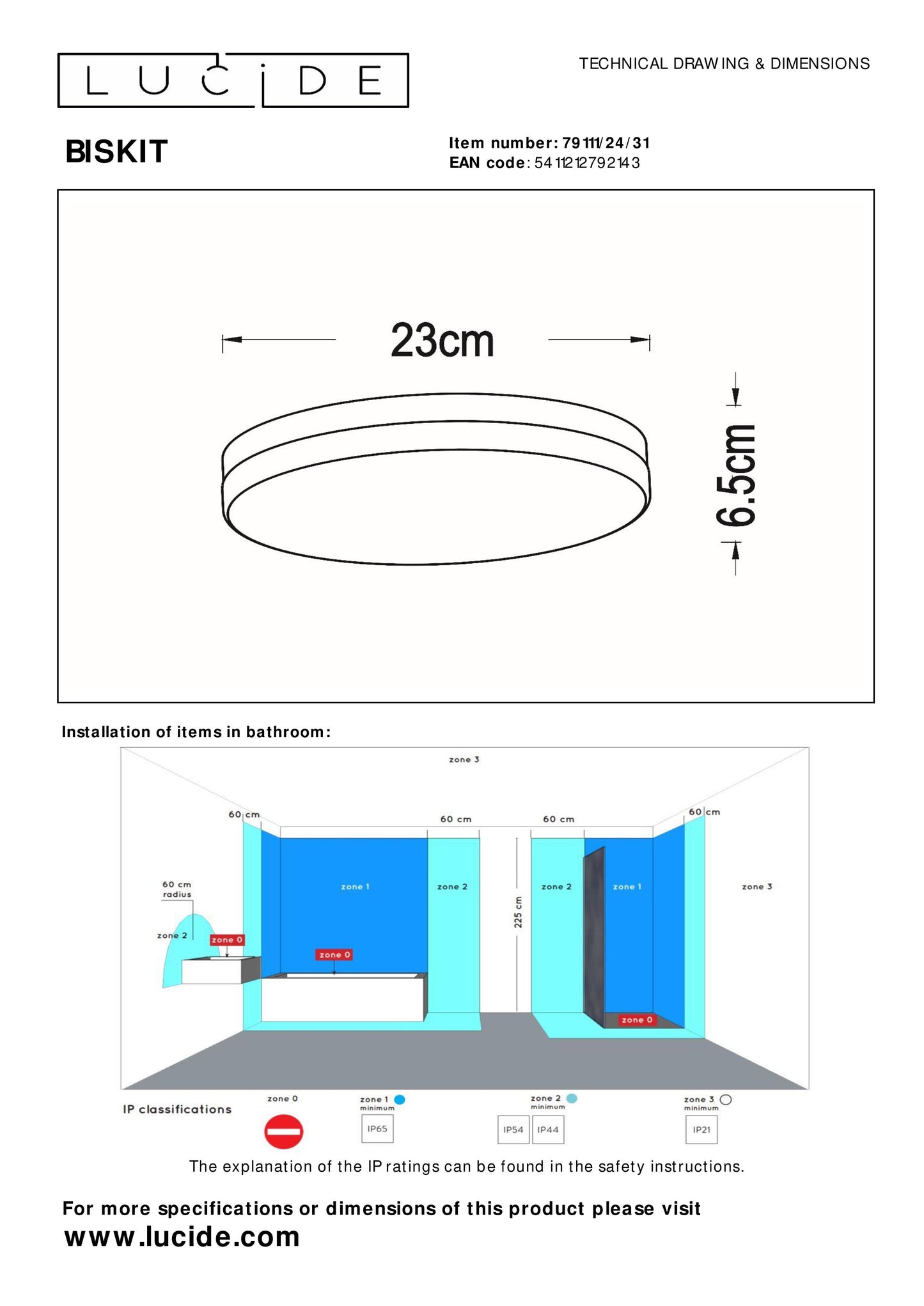 Lucide BISKIT - Flush ceiling light Bathroom - Ø 23 cm - LED - 1x12W 2700K - IP44 - Motion & Day/Night Sensor - White