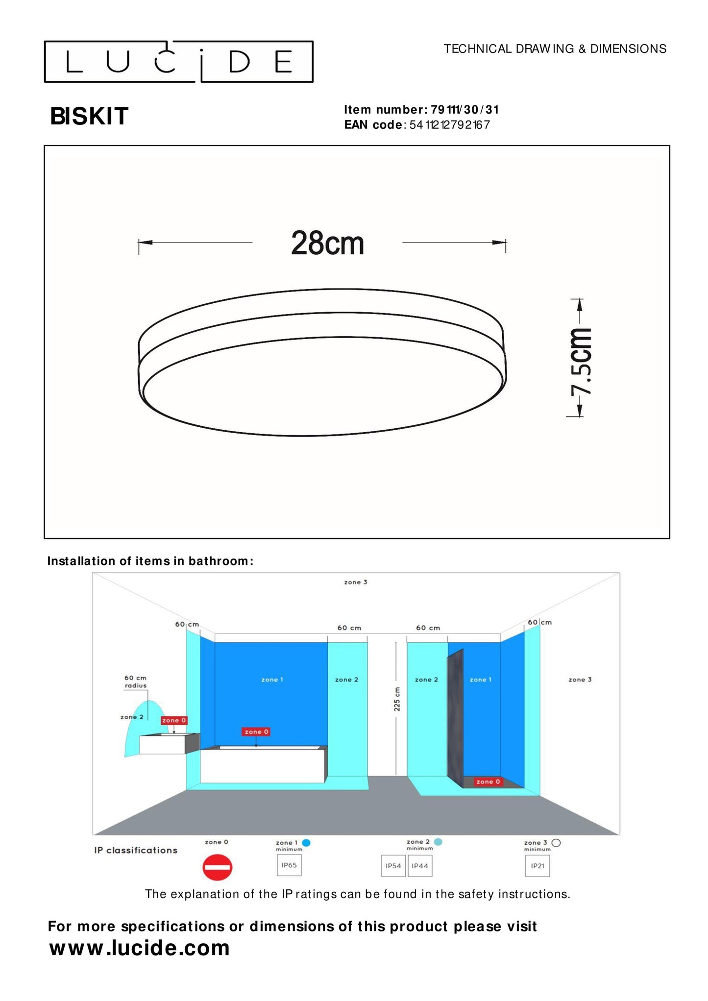 Lucide BISKIT - Flush ceiling light Bathroom - Ø 28 cm - LED - 1x18W 2700K - IP44 - Motion & Day/Night Sensor - White