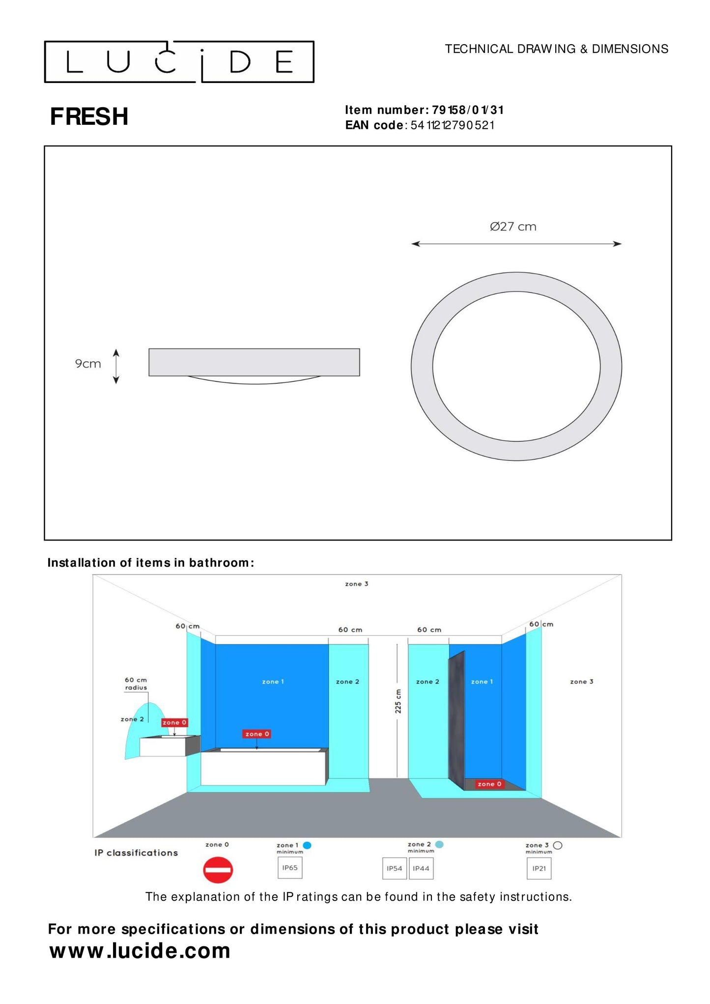 Lucide FRESH - Flush ceiling light Bathroom - Ø 27 cm - 1xE27 - IP44 - White