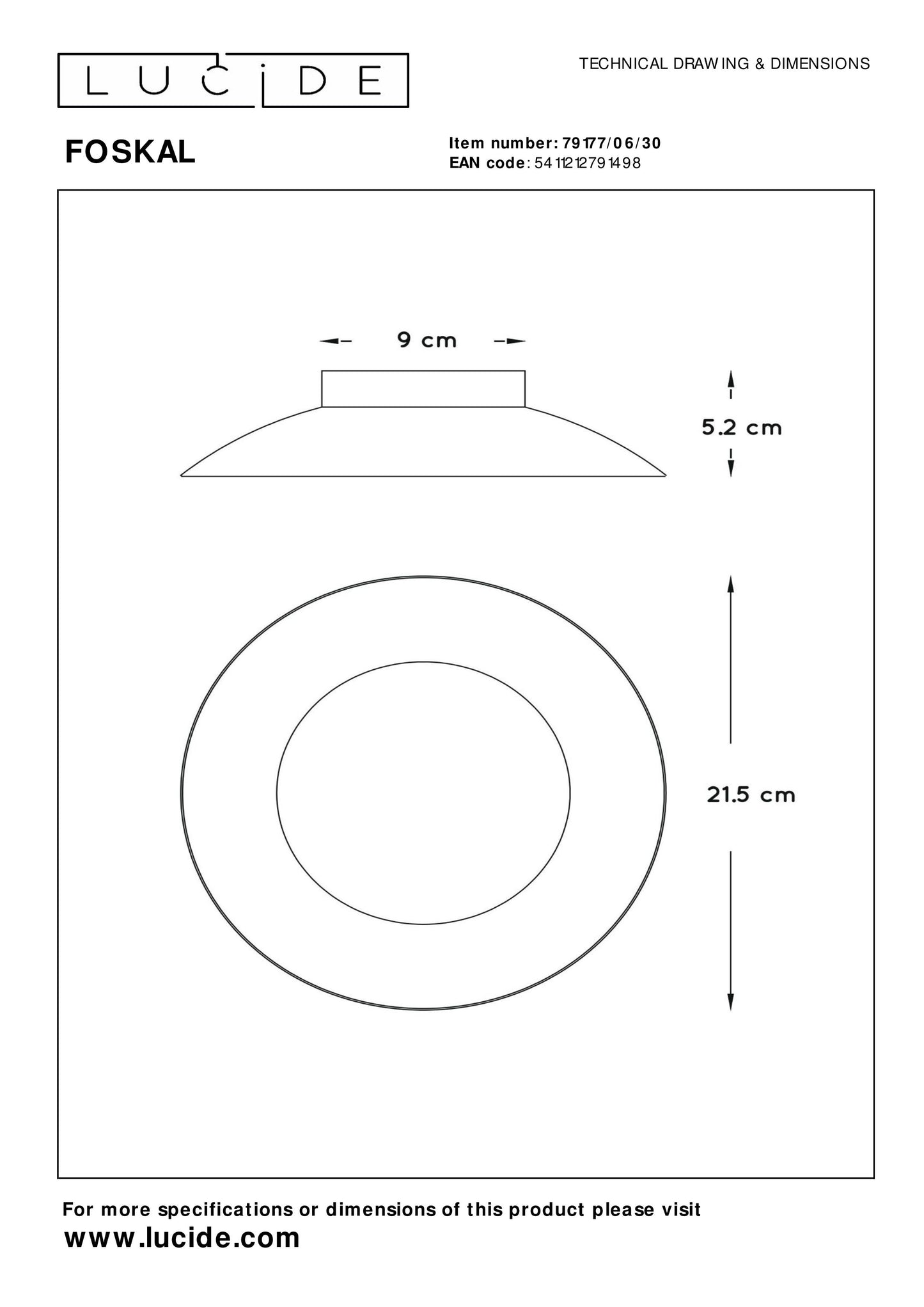 Lucide FOSKAL - Flush ceiling light - Ø 21,5 cm - LED - 1x6W 2700K - Black