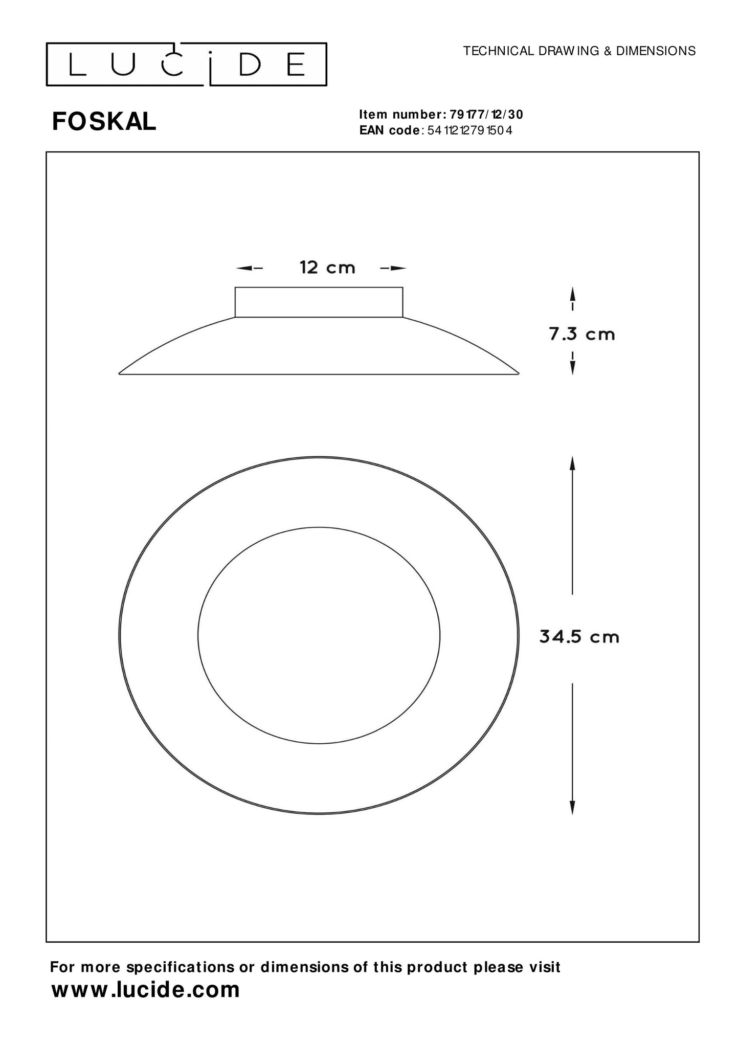 Lucide FOSKAL - Flush ceiling light - Ø 34,5 cm - LED - 1x12W 2700K - Black