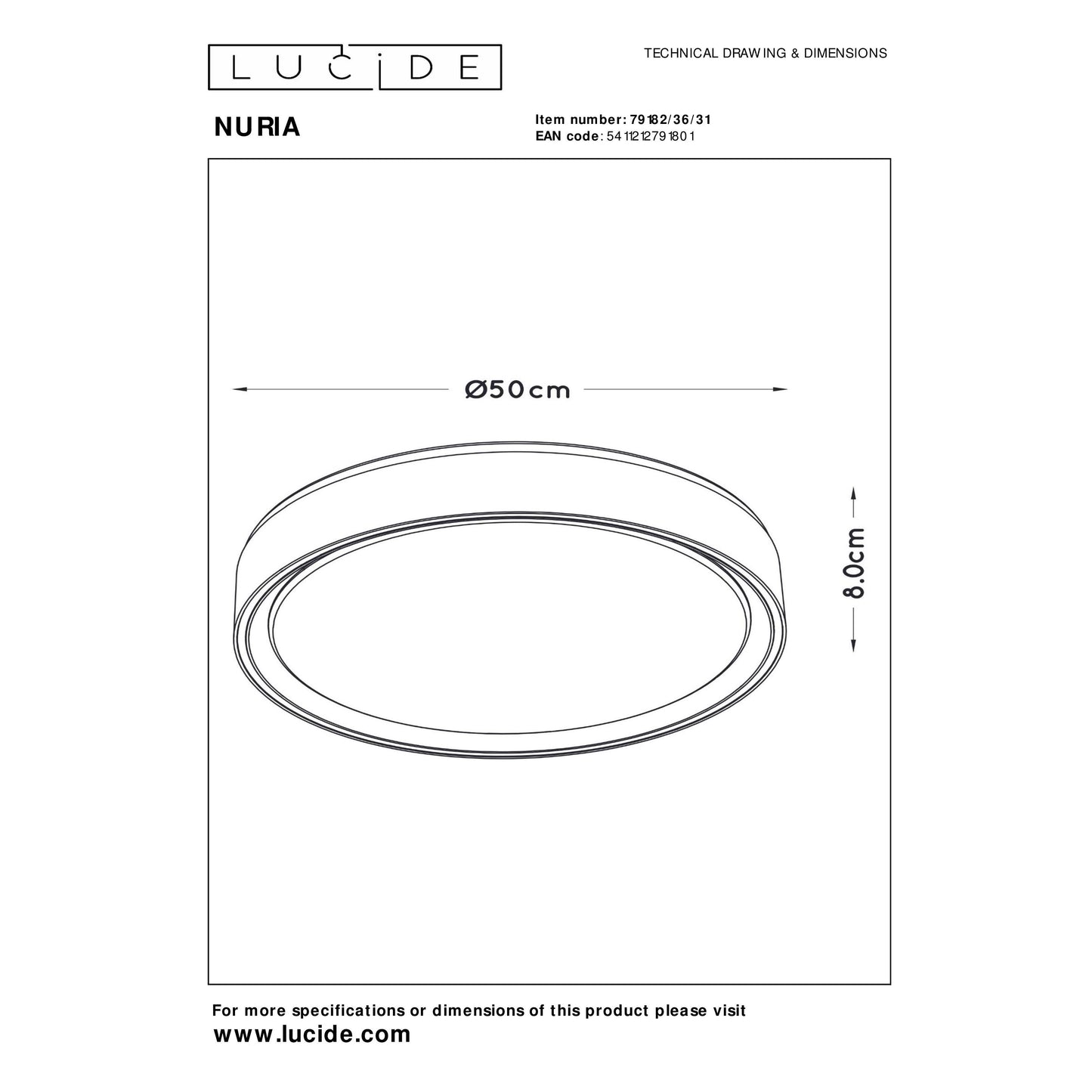 Lucide NURIA - Flush ceiling light - Ø 50 cm - LED Dim. - 1x36W 2700K - 3 StepDim - White