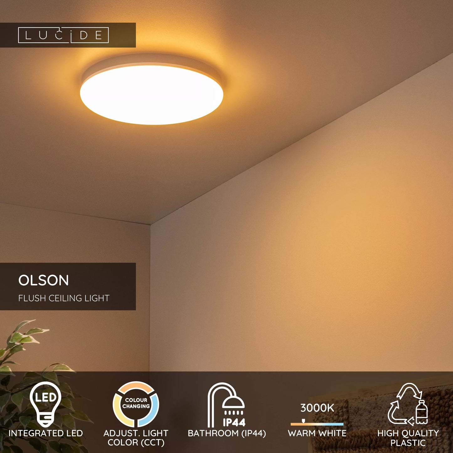 Lucide OLSON - Flush ceiling light Bathroom - Ø 29 cm - LED - CCT - 1x24W 3000K/6500K - IP44 - Opal