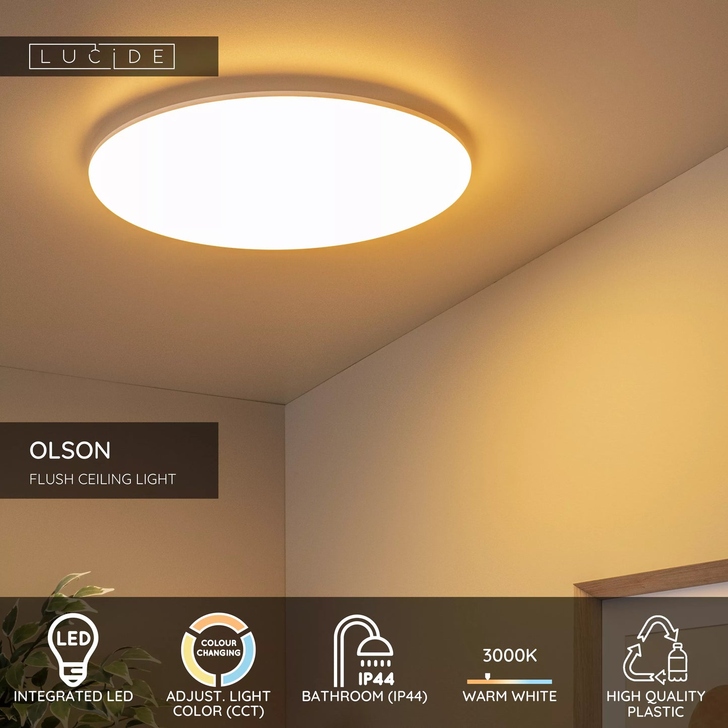 Lucide OLSON - Flush ceiling light Bathroom - Ø 45 cm - LED - CCT - 1x45W 3000K/6500K - IP44 - Opal