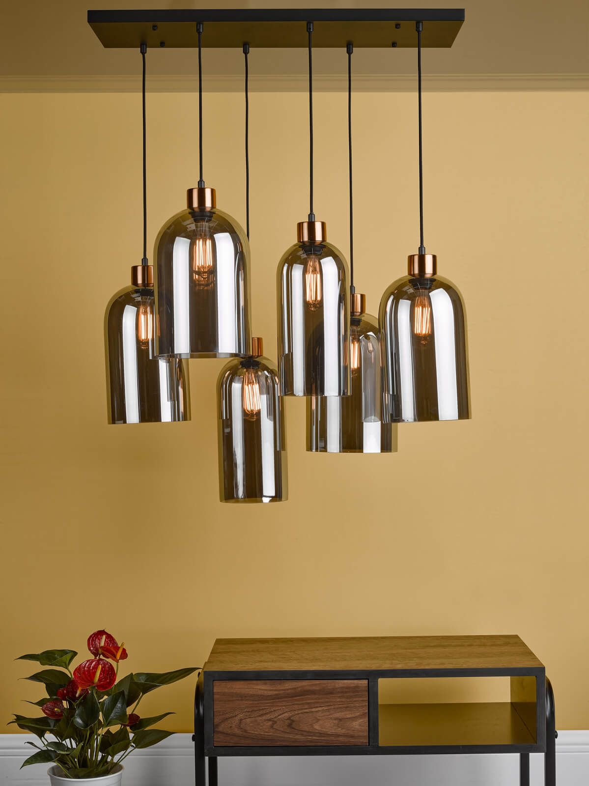 Alma 6 Light Bar Pendant Matt Black & Brass with Smoked Glass