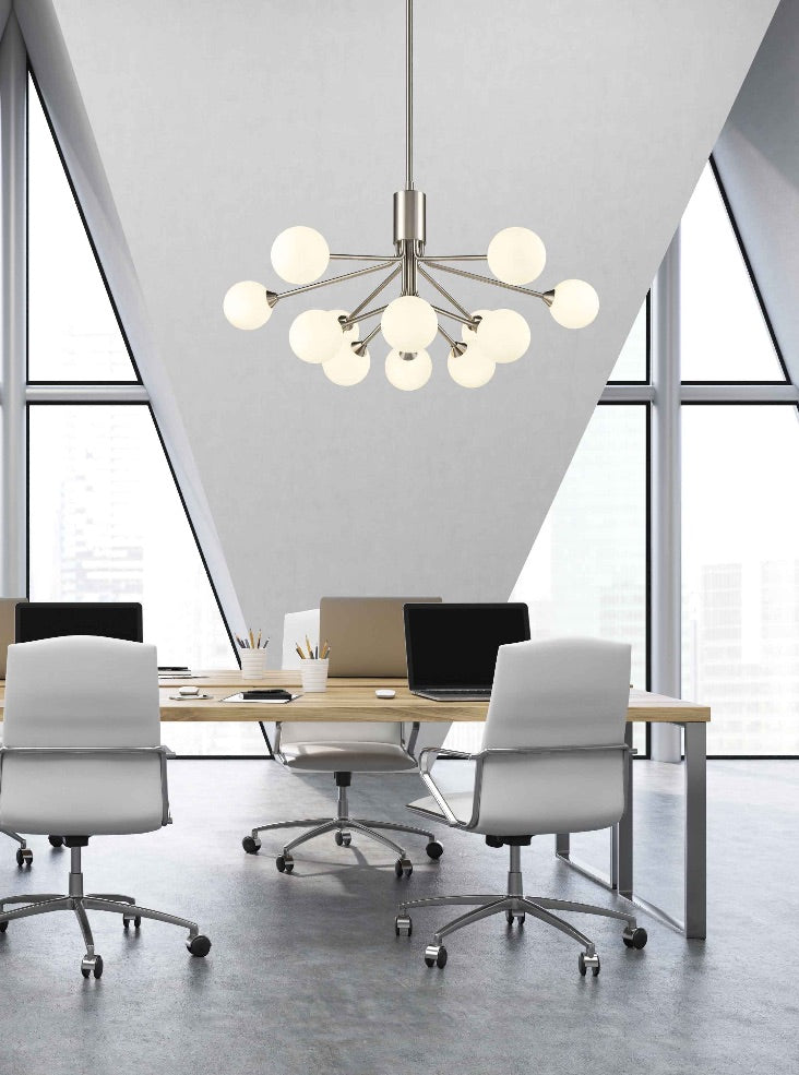 Cosmic 12 light pendant in satin nickel with matt opal glass