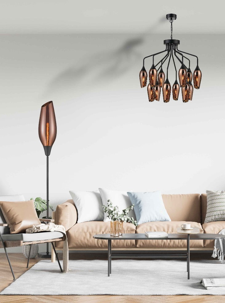 Taper 12 light with Copper Glass