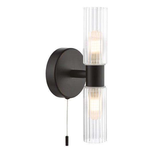 Bolton 2 Light Bathroom Wall Light Matt Black and Ribbed Glass IP44