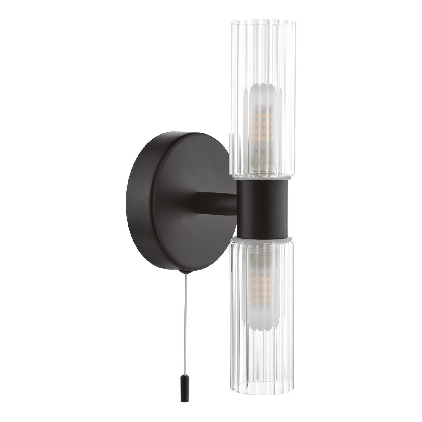 Bolton 2 Light Bathroom Wall Light Matt Black and Ribbed Glass IP44