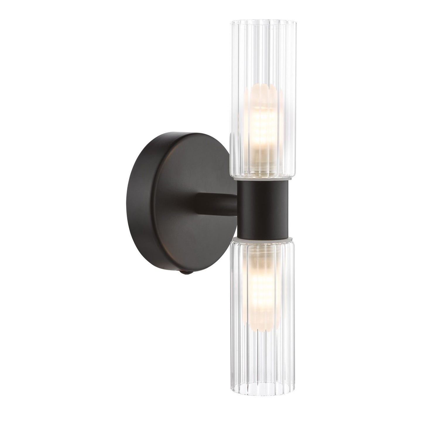 Bolton 2 Light Bathroom Wall Light Matt Black and Ribbed Glass IP44