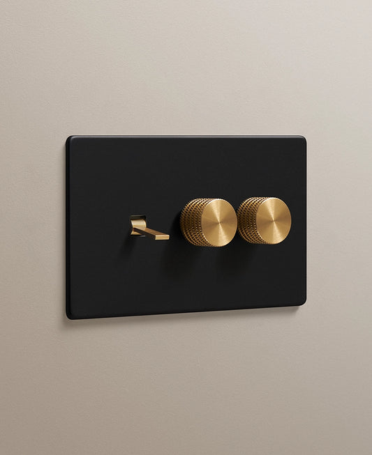 Dowsing & Reynolds Black Triple Combo Switch- 1x Gold Tapered Toggle, 2x Gold Knurled Dimmers