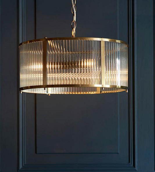 Bridgetown- Antique Brass & Clear Ribbed Glass 3lt Pendant