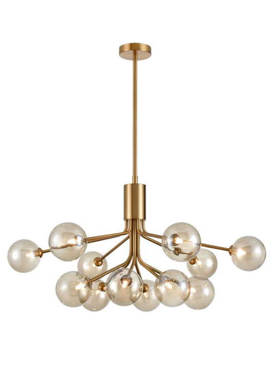 Cosmic 12 light pendant in antique gold with amber glass