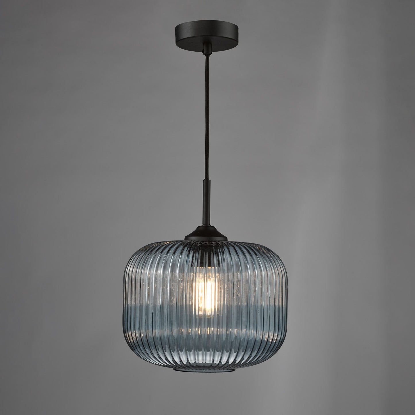 Demarius Pendant Matt Black and Blue Ribbed Glass