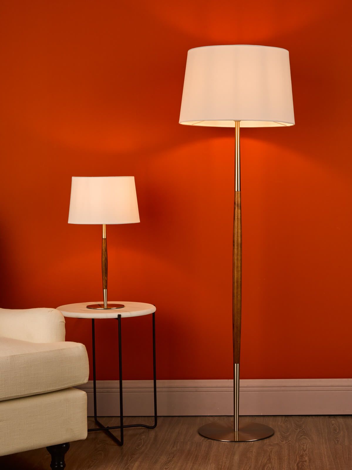 Detroit Floor Lamp Satin Nickel Walnut Detail With Shade